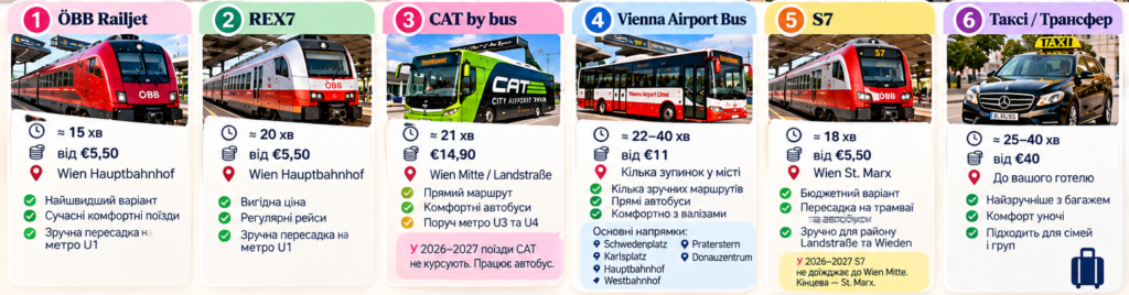 Порівняння транспорту з аеропорту Відня: Railjet, REX7, CAT, Vienna Airport Bus, S7 і таксі