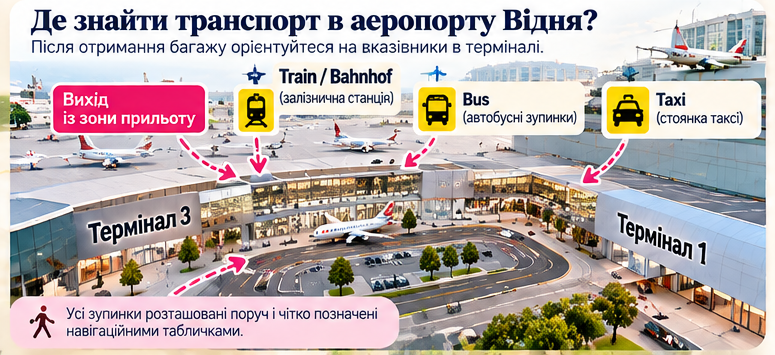 Де знайти поїзди, автобуси й таксі в аеропорту Відня — схема розташування зупинок біля терміналів