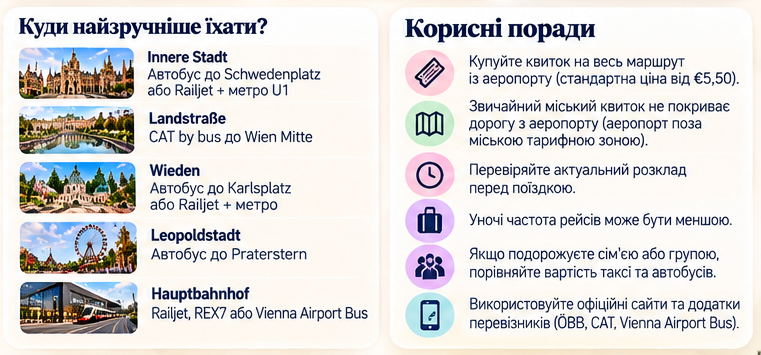 Як доїхати з аеропорту Відня до Innere Stadt, Wien Mitte, Wieden та інших районів — поради туристам