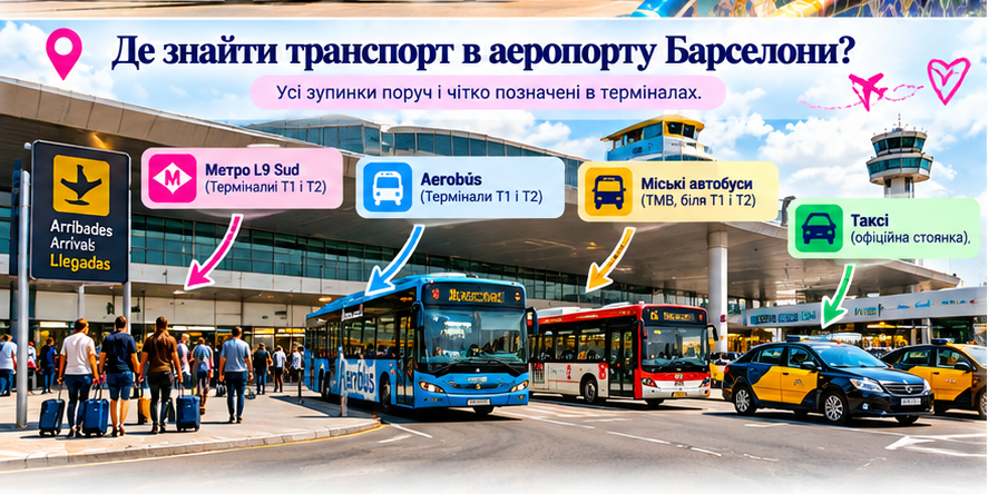 Де знайти метро, Aerobús, міські автобуси й таксі в аеропорту Барселони.