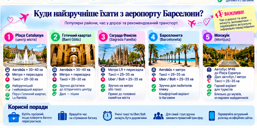 Як доїхати з аеропорту Барселони до площі Каталонії, Готичного кварталу, Саграда-Фамілії, Барселонети та Монжуїка.