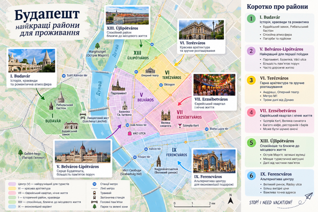 Карта найкращих районів Будапешта для проживання туристів: Belváros, Terézváros, Erzsébetváros, Budavár, Újlipótváros та Ferencváros