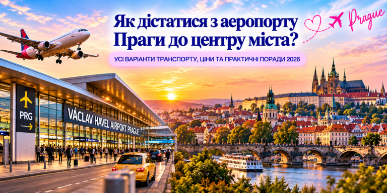 Аеропорт Вацлава Гавела в Празі (PRG), літак і панорама Праги з Карловим мостом та Празьким Градом — як дістатися з аеропорту до центру міста у 2026 році