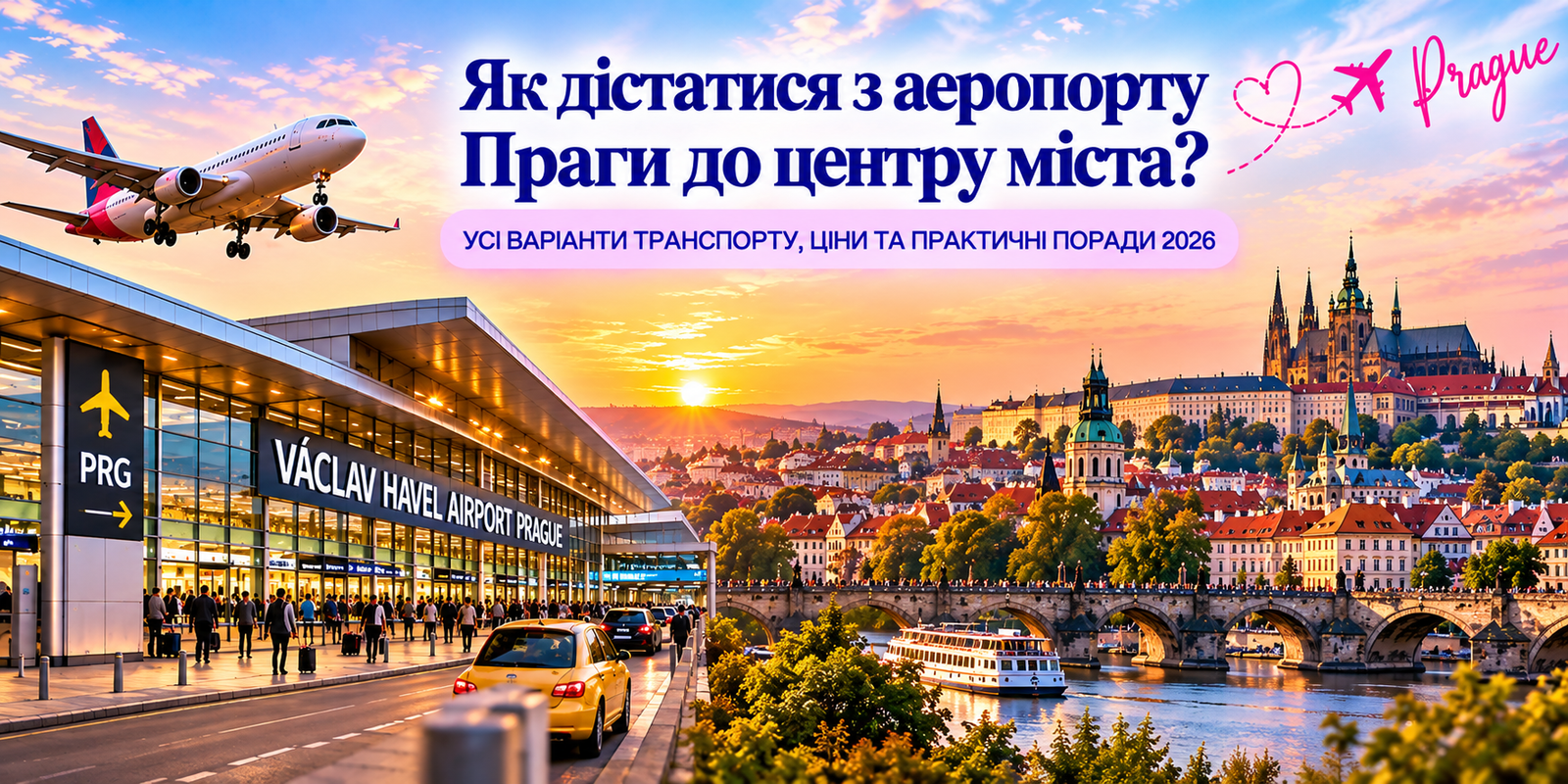 Аеропорт Вацлава Гавела в Празі (PRG), літак і панорама Праги з Карловим мостом та Празьким Градом — як дістатися з аеропорту до центру міста у 2026 році
