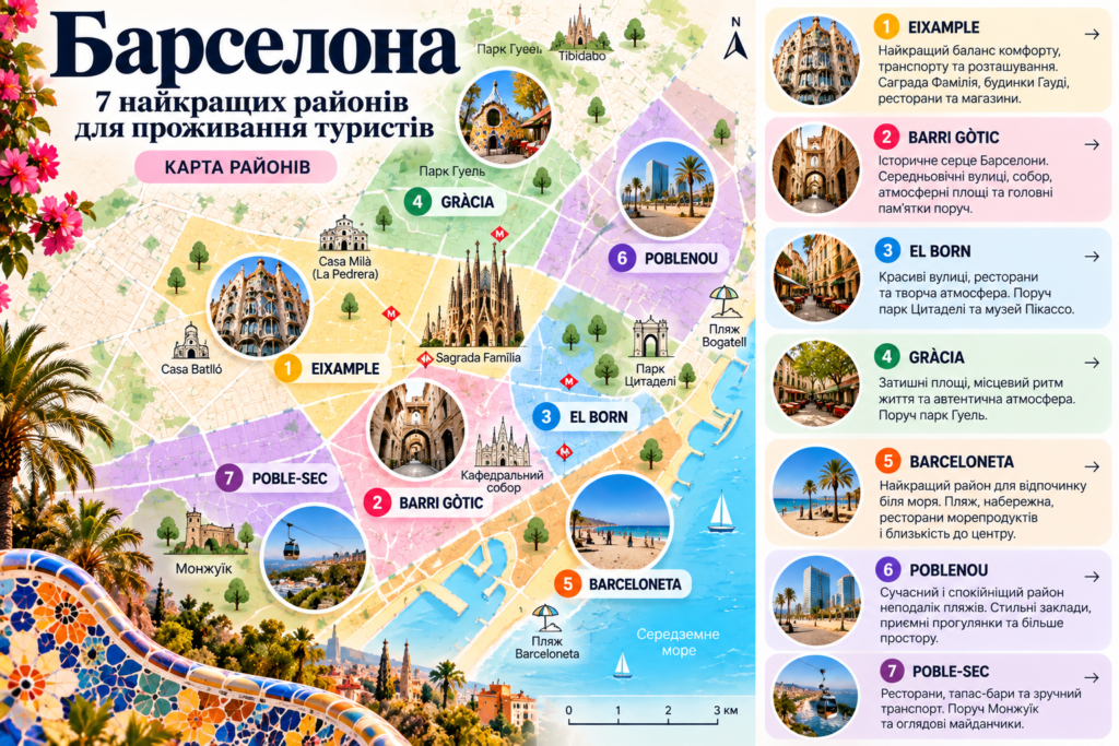 Карта 7 найкращих районів Барселони для проживання туристів: Eixample, Barri Gòtic, El Born, Gràcia, Barceloneta, Poblenou та Poble-sec