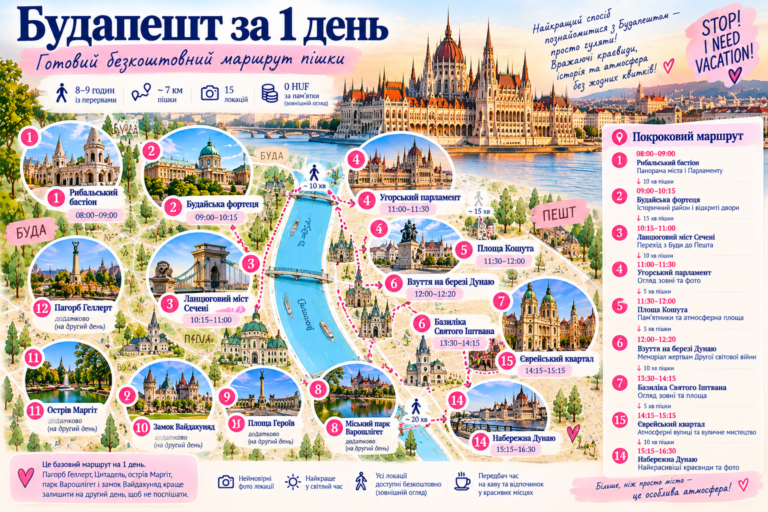 Інфографіка «Будапешт: 15 безкоштовних місць» — Рибальський бастіон, Будайська фортеця, Парламент, Ланцюговий міст, площа Героїв, острів Маргіт, пагорб Геллерт та інші пам'ятки