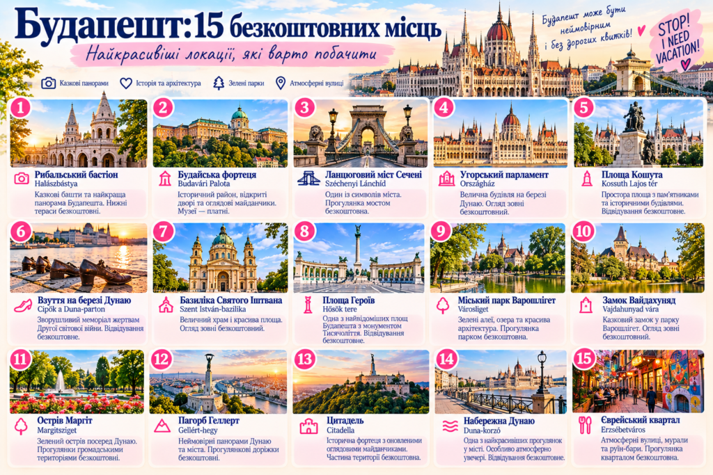 Інфографіка «Будапешт: 15 безкоштовних місць» — Рибальський бастіон, Будайська фортеця, Парламент, Ланцюговий міст, площа Героїв, острів Маргіт, пагорб Геллерт та інші пам'ятки 