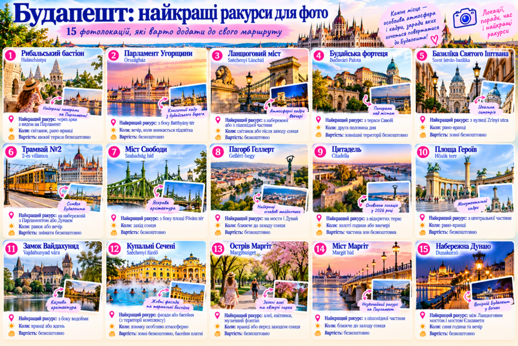 Найкращі ракурси для фото в Будапешті: 15 фотолокацій із фотографіями пам'яток, порадами щодо місця зйомки, освітлення та часу відвідування.
