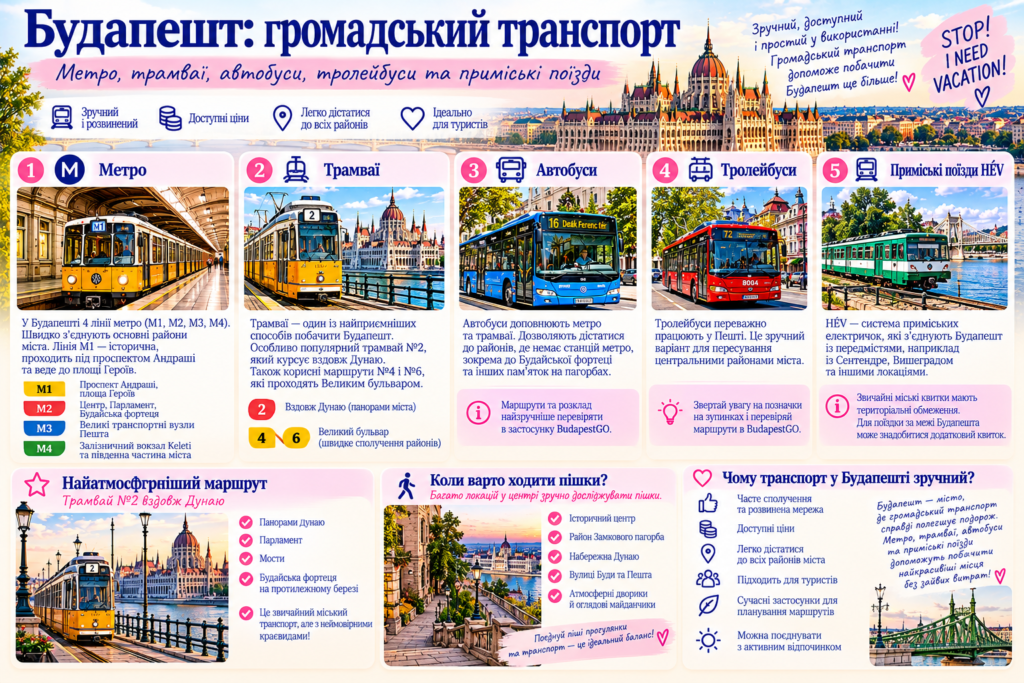 Громадський транспорт Будапешта: метро M1–M4, трамваї, автобуси, тролейбуси та приміські поїзди HÉV — інфографіка для туристів.