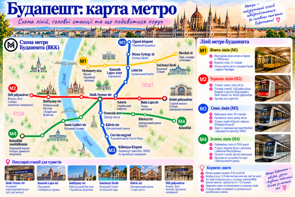 Ілюстрована карта метро Будапешта з чотирма лініями M1, M2, M3 і M4, основними пересадками, туристичними станціями та пам'ятками міста. Копіювати ALT

















і підпис до нього













Підпис під інфографікою для WordPress:
Карта метро Будапешта: чотири лінії M1–M4, основні пересадочні станції та найцікавіші місця для туристів. Ілюстративна схема — актуальні маршрути перевіряйте на сайті BKK. 