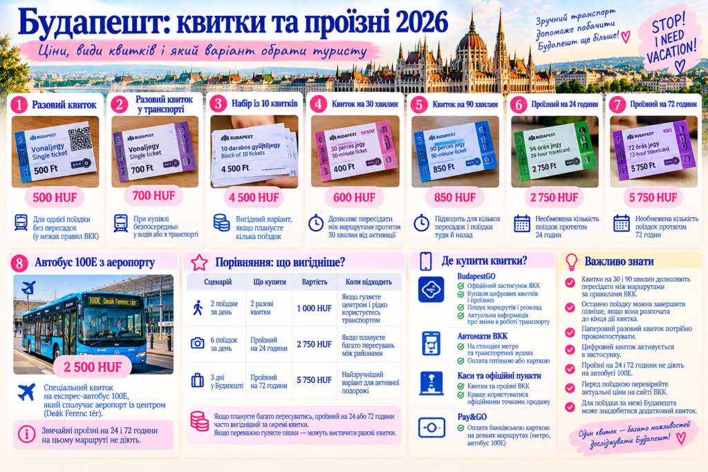 Ціни на громадський транспорт Будапешта у 2026 році: разові квитки BKK, проїзні на 24 і 72 години, квитки на 30 і 90 хвилин та автобус 100E.
