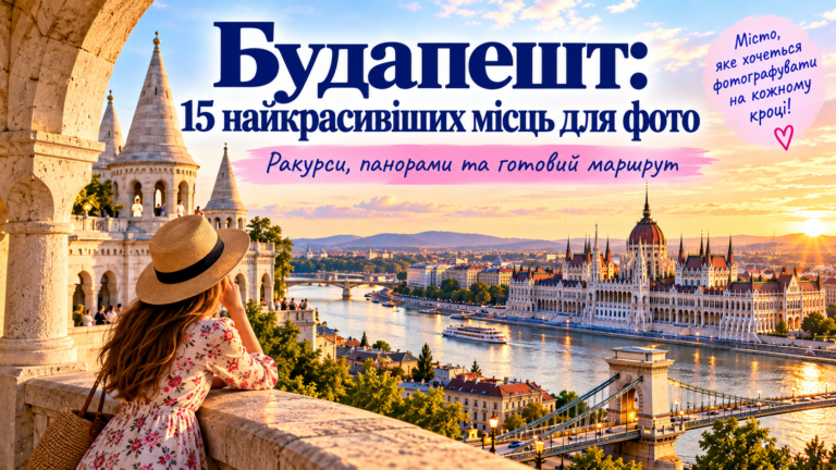 Найкрасивіші місця для фото в Будапешті: дівчина на Рибальському бастіоні фотографує панораму Дунаю, Парламент Угорщини та Ланцюговий міст на заході сонця.