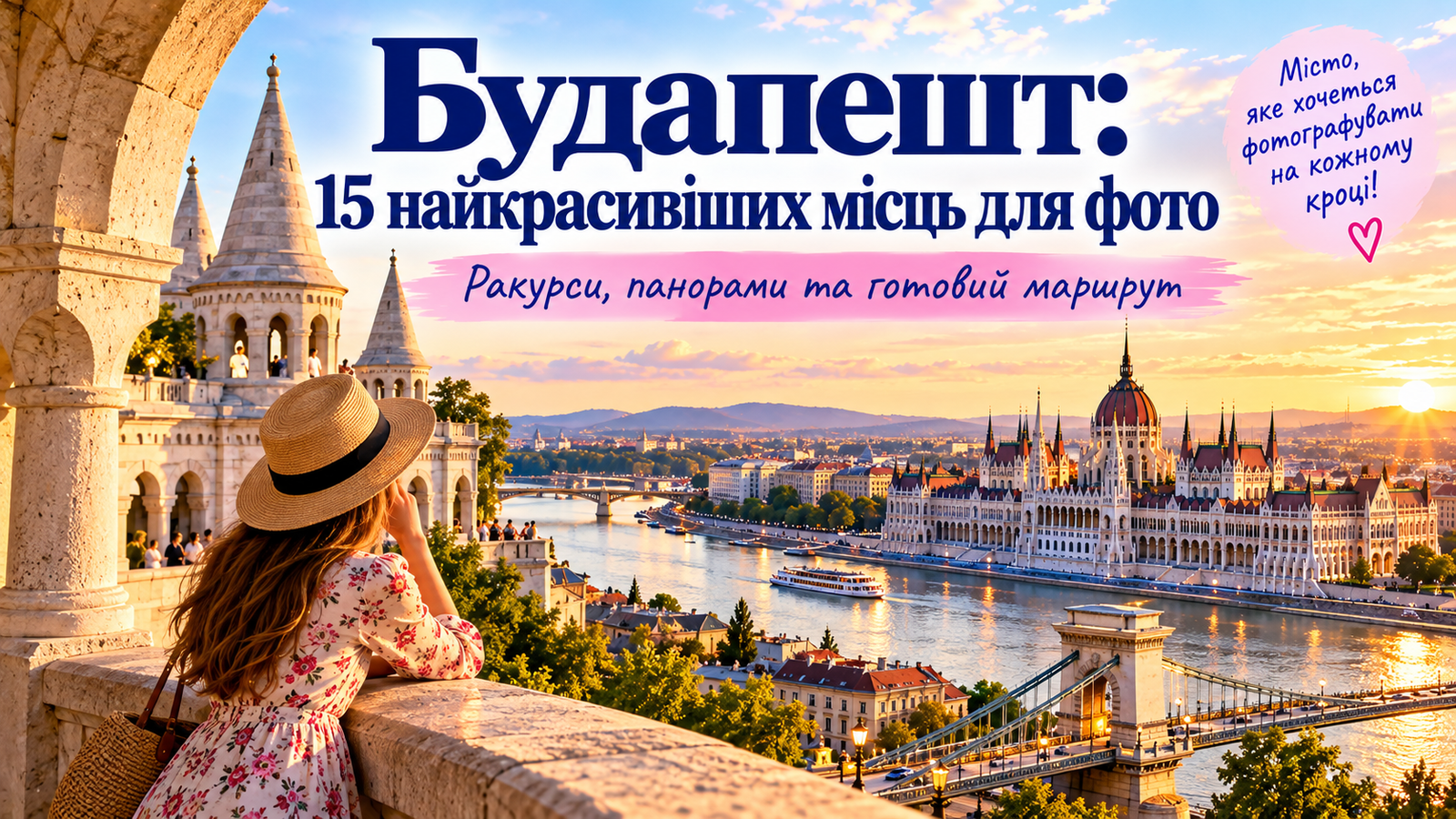 Найкрасивіші місця для фото в Будапешті: дівчина на Рибальському бастіоні фотографує панораму Дунаю, Парламент Угорщини та Ланцюговий міст на заході сонця.