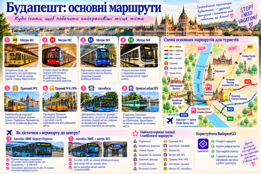 Основні маршрути громадського транспорту Будапешта: метро M1–M4, трамваї №2, №4 і №6, автобуси 100E та 200E, туристичні пам'ятки.