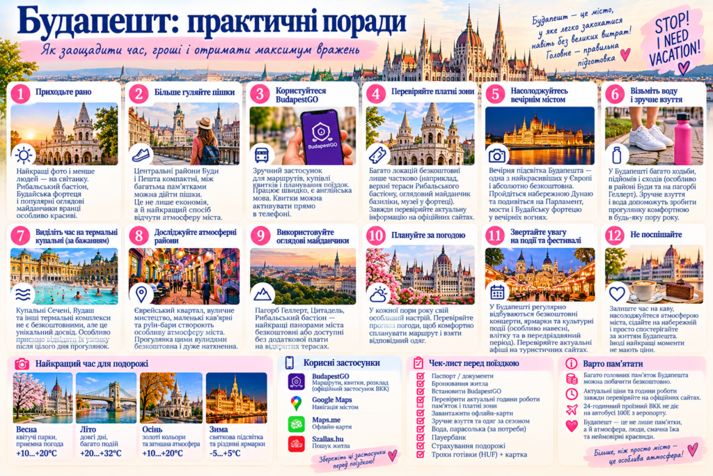 Інфографіка «Будапешт: практичні поради» — як заощадити на пам'ятках і транспорті, найкращий час для подорожі, оглядові майданчики, купальні, корисні застосунки та чек-лист туриста 