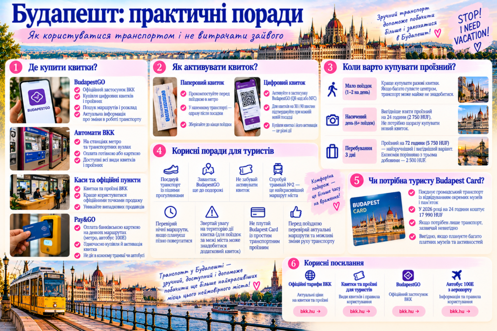 Основні маршрути громадського транспорту Будапешта: метро M1–M4, трамваї №2, №4 і №6, автобуси 100E та 200E, туристичні пам'ятки.