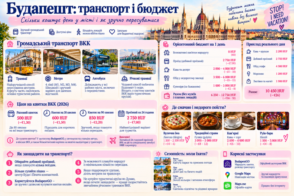 Інфографіка про транспорт і бюджет у Будапешті у 2026 році — метро, трамваї, автобуси, ціни квитків BKK, витрати на харчування та поради для бюджетної подорожі 