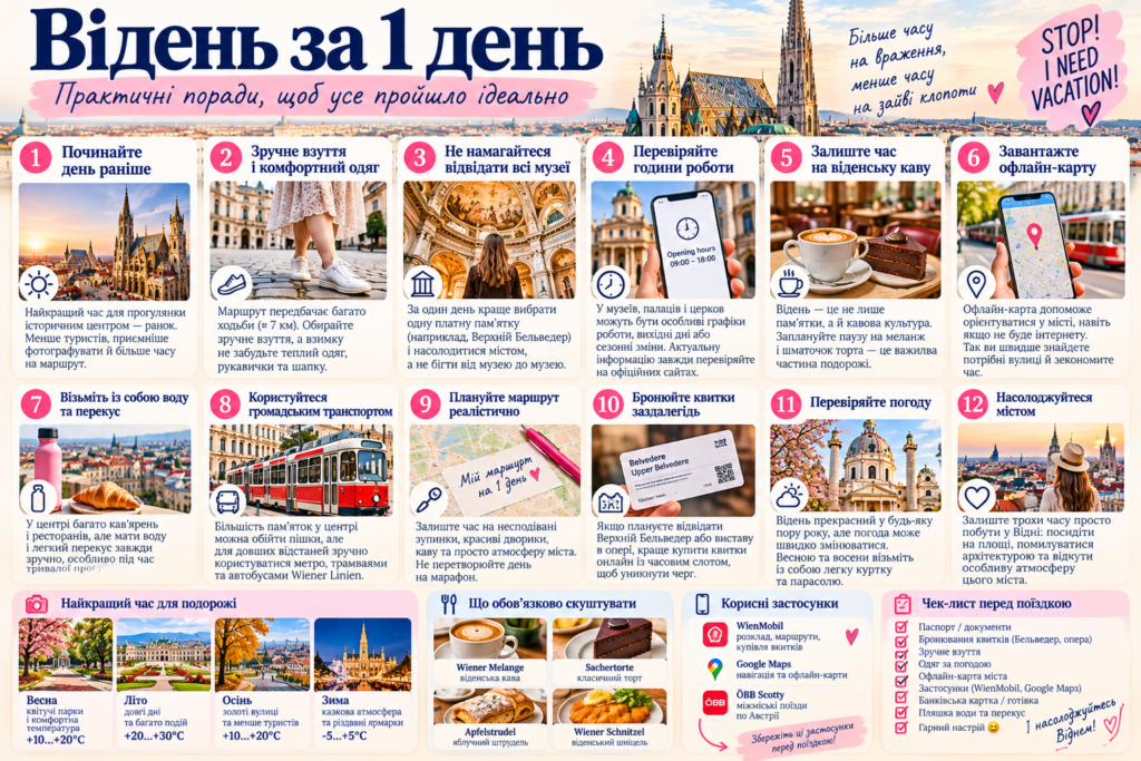 Практичні поради для подорожі до Відня на 1 день — 12 рекомендацій, найкращий сезон, віденська кава та страви, корисні застосунки й чек-лист туриста