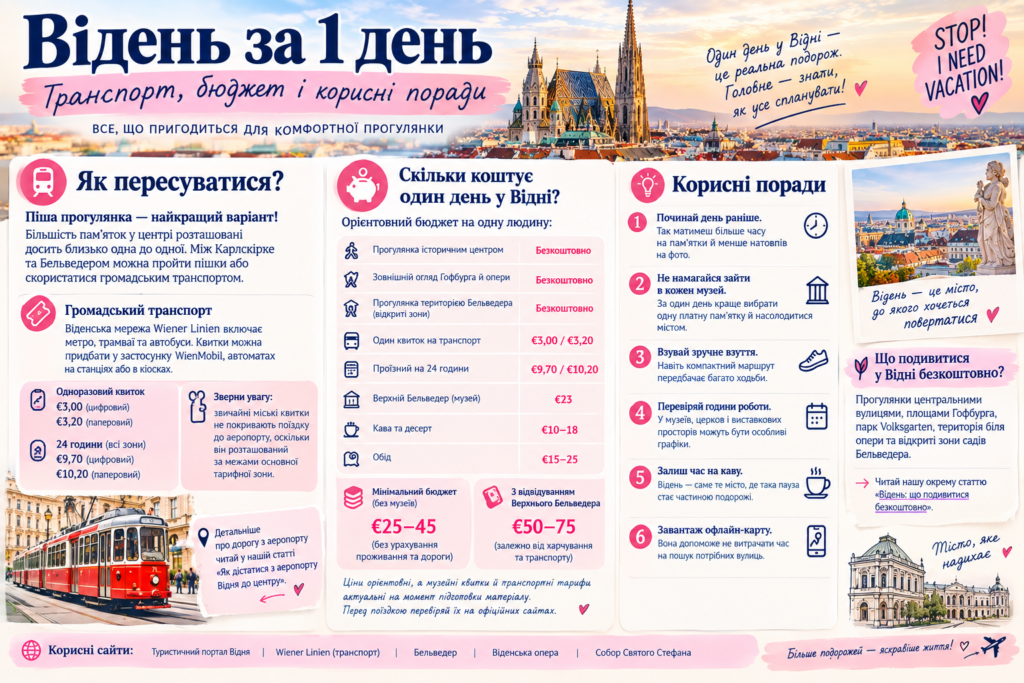 Інфографіка про транспорт і бюджет у Відні на 1 день — метро, трамваї, автобуси, ціни квитків 2026 року, витрати на харчування та відвідування Бельведера