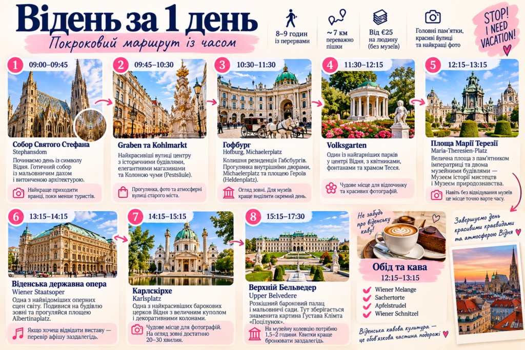 Покроковий маршрут Віднем за 1 день із розкладом — собор Святого Стефана, Graben, Гофбург, Volksgarten, площа Марії Терезії, Віденська опера, Карлскірхе та Бельведер