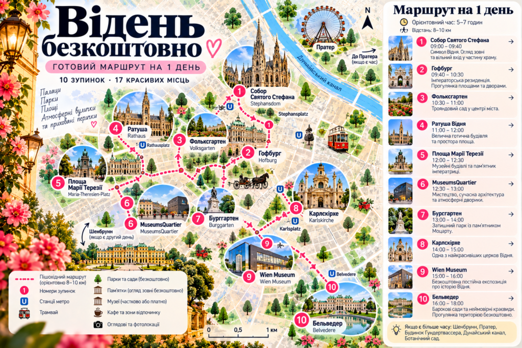 Ілюстрована карта безкоштовного маршруту Віднем на 1 день: собор Святого Стефана, Гофбург, Ратуша, Карлскірхе та Бельведер