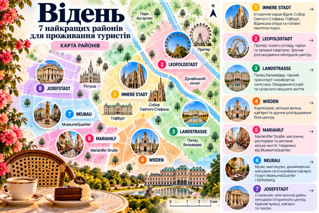 Ілюстрована карта 7 найкращих районів Відня для туристів: Innere Stadt, Leopoldstadt, Landstraße, Wieden, Mariahilf, Neubau та Josefstadt