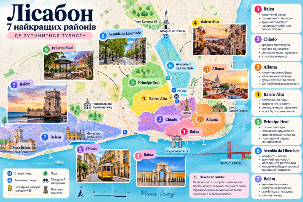 Карта 7 найкращих районів Лісабона для проживання туристів: Baixa, Chiado, Alfama, Bairro Alto, Príncipe Real, Avenida da Liberdade та Belém