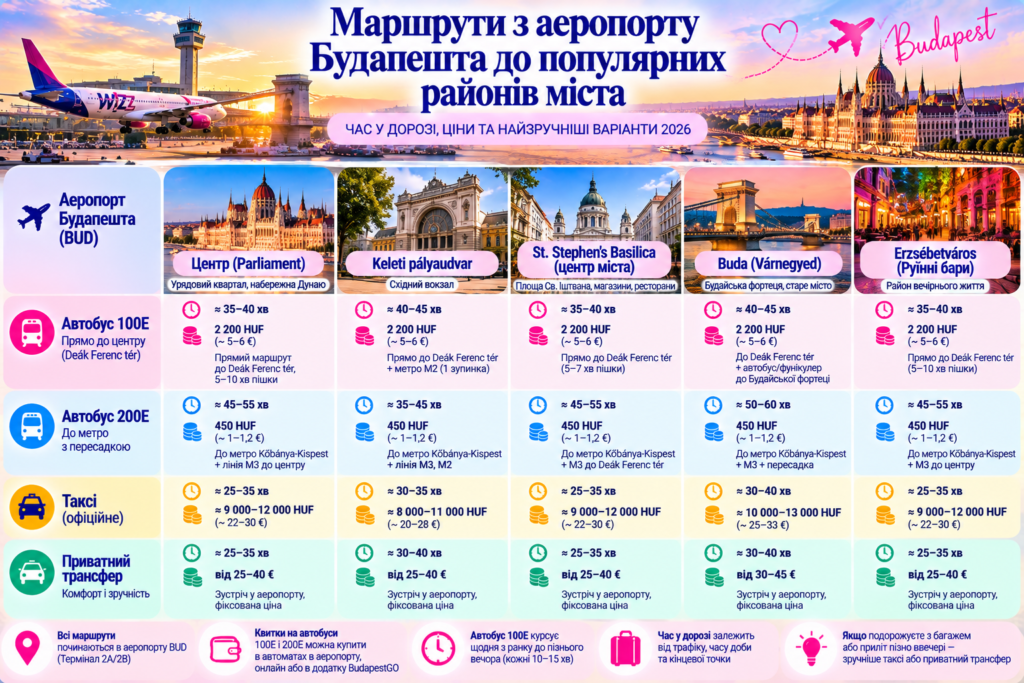 Маршрути з аеропорту Будапешта до центру, вокзалу Keleti, базиліки Святого Іштвана, Будайської фортеці та Ержебетвароша 