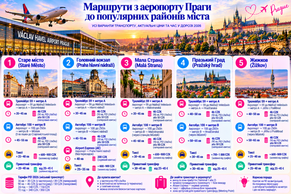 Маршрути з аеропорту Праги до Старого міста, головного вокзалу, Малої Страни, Празького Граду та Жижкова — громадський транспорт, таксі, ціни й час у дорозі