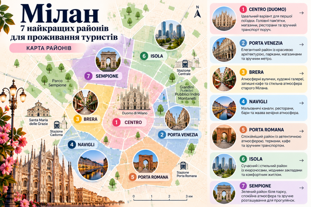 Ілюстрована карта 7 найкращих районів Мілана для проживання туристів: Centro, Porta Venezia, Brera, Navigli, Porta Romana, Isola та Sempione