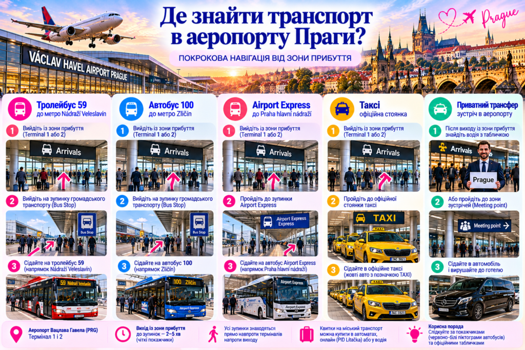 Де знайти тролейбус 59, автобус 100, Airport Express, таксі та приватний трансфер в аеропорту Вацлава Гавела у Празі