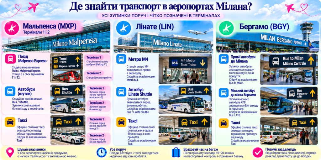 Де знайти поїзд Malpensa Express, метро M4, автобуси та таксі в аеропортах Мальпенса, Лінате й Бергамо