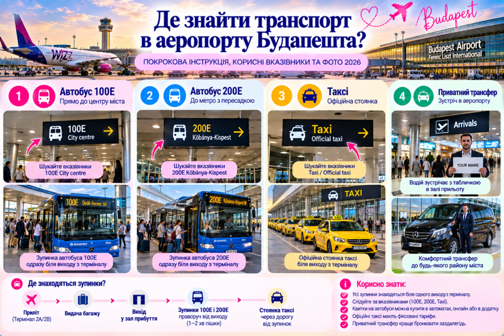 Де знайти автобуси 100E і 200E, офіційне таксі та приватний трансфер в аеропорту Будапешта — ілюстрована навігація від зони прибуття 