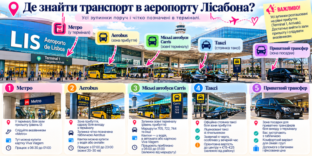 Де знайти метро, автобуси та таксі в аеропорту Лісабона — ілюстрована схема транспортних зупинок біля термінала 1