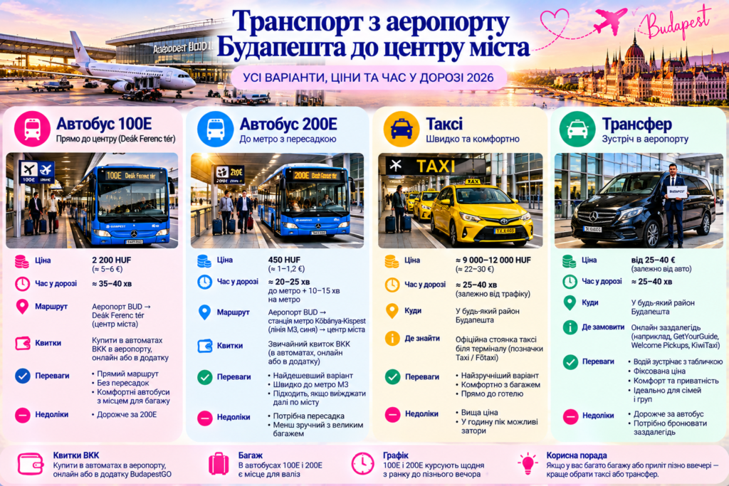 Порівняння способів доїзду з аеропорту Будапешта до центру — автобуси 100E і 200E, таксі та приватний трансфер із цінами й часом у дорозі 