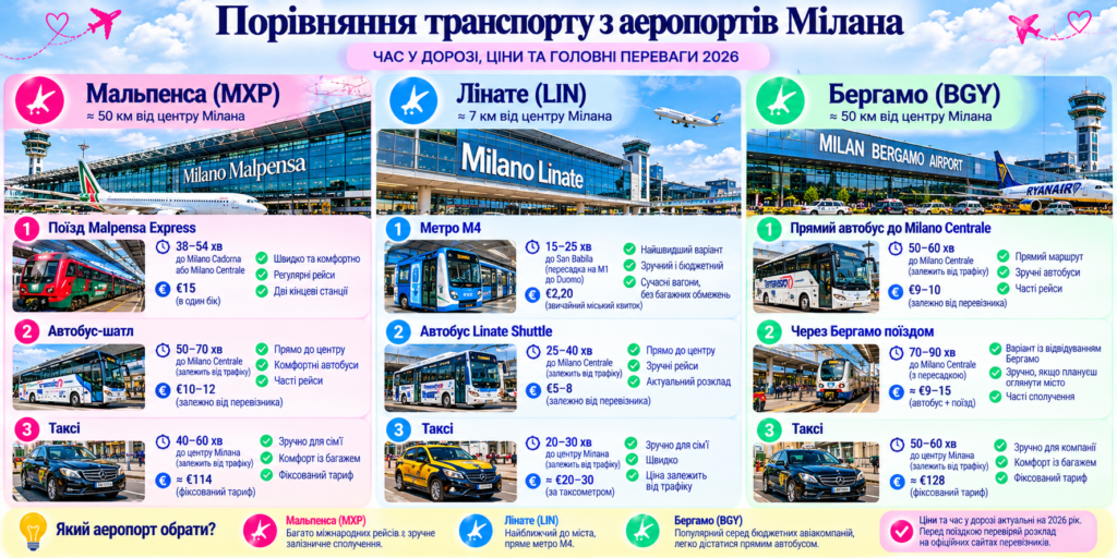 Порівняння транспорту з аеропортів Мілана: поїзд Malpensa Express, метро M4, автобуси з Бергамо та таксі