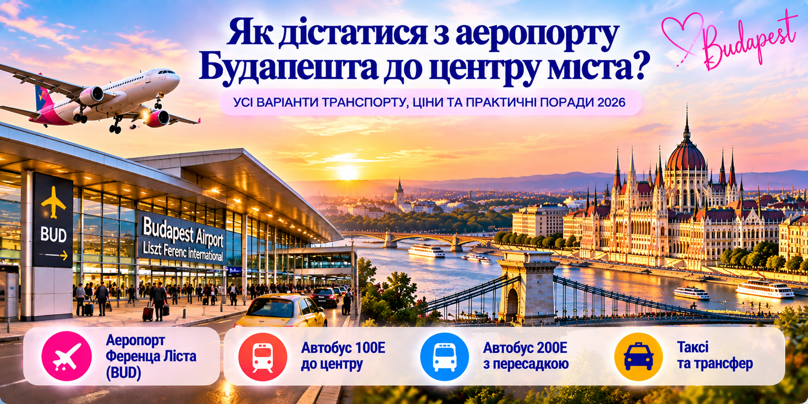 Як дістатися з аеропорту Будапешта до центру міста — аеропорт Ференца Ліста, літак, автобуси 100E і 200E, таксі та панорама Парламенту